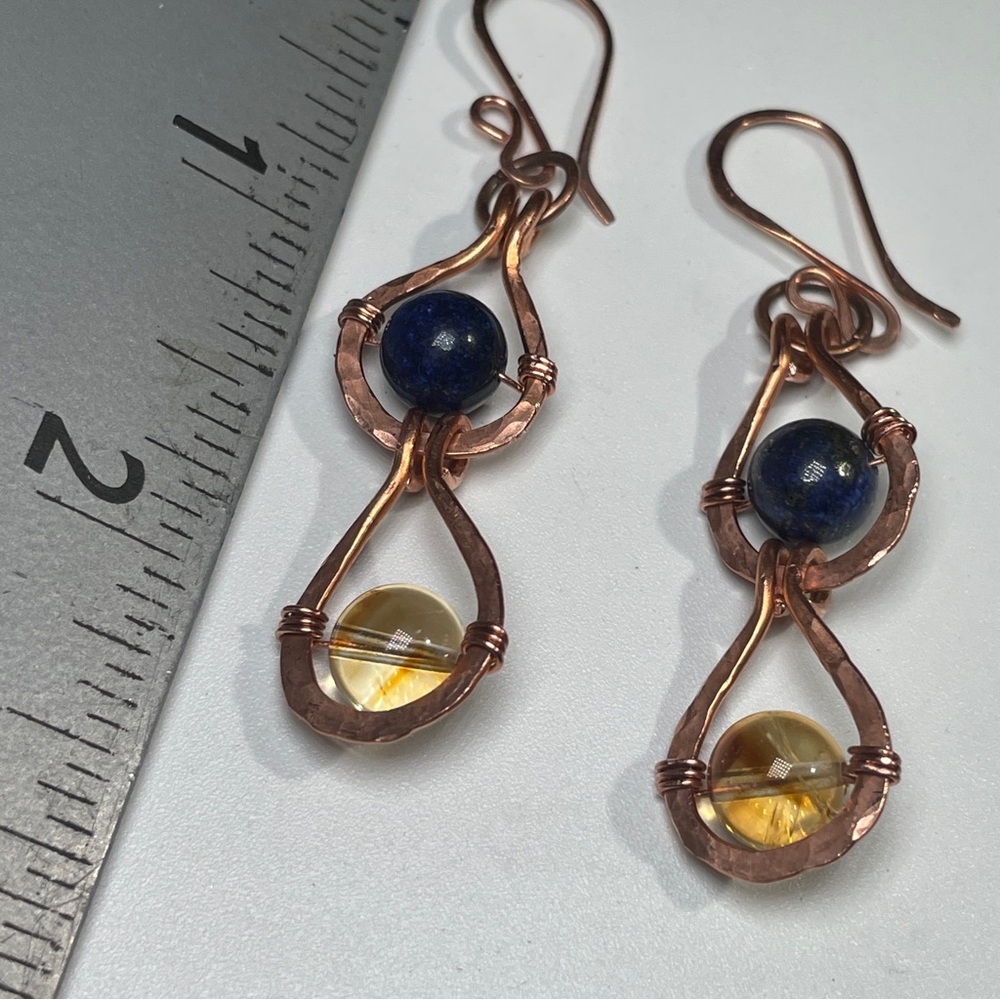 Citrine And and Blue Lapiz Lazuli Gemstone Copper Boho Artisan Earrings - Picture 9 of 11